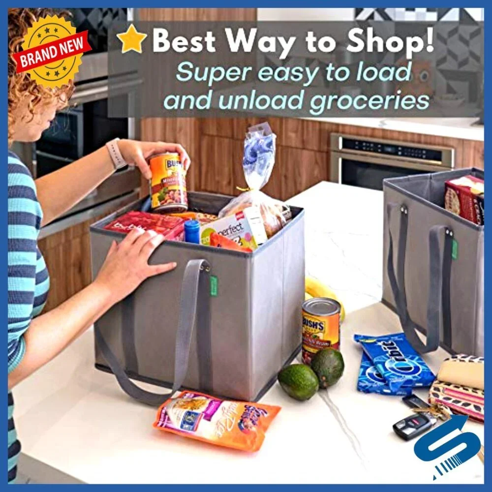 Heavy Duty Reusable Grocery Bags 3 Pack Box Shape Stands Up